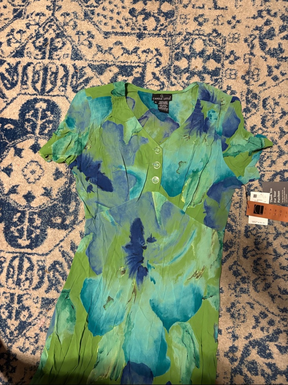 Carole Little Lime Green Maxi Dress with Blue Floral Print - Picture 3 of 6